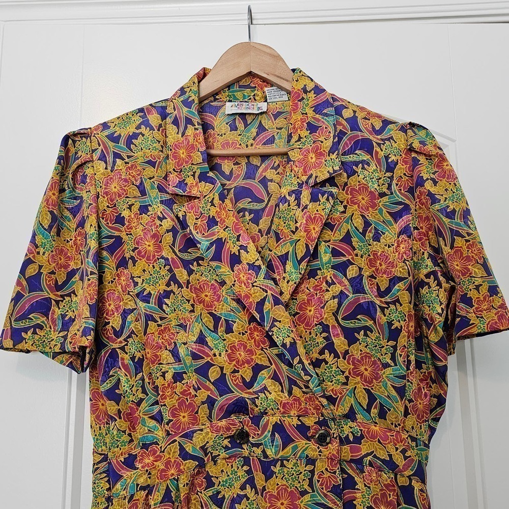 Vintage Arbor Creek Dress Size Large 80s Purple Yellow Floral Shirt Dress Midi - Picture 3 of 10